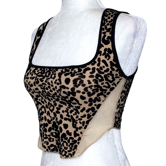 NWT PLT Leopard Ribbed Velvet Flocked Curve Hem Crop Mesh Tank Sz 4 XS Lot Of 2 - Picture 4 of 7